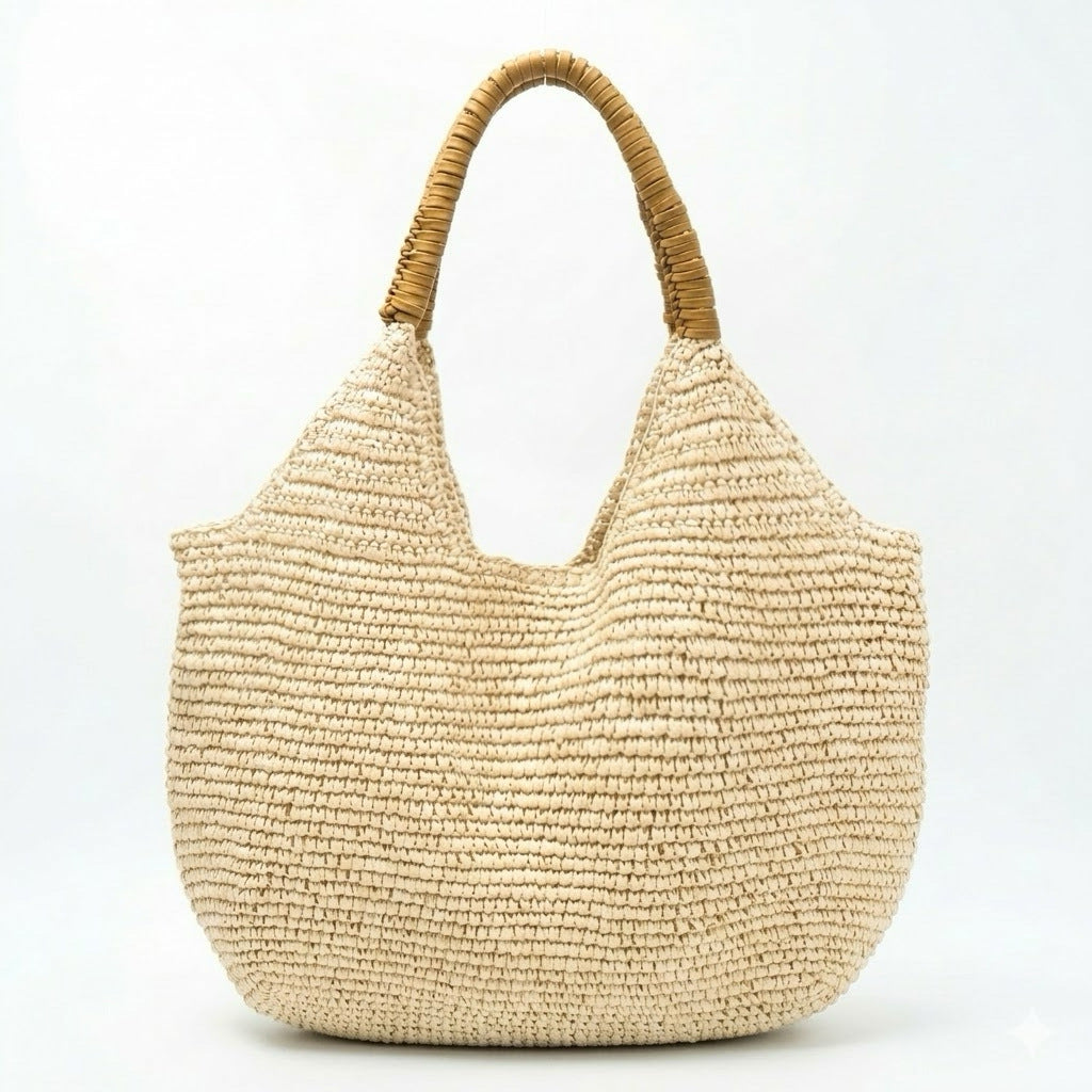 Sienna Tote Bag in Cream — woven raffia hobo with wrapped handle and spacious interior