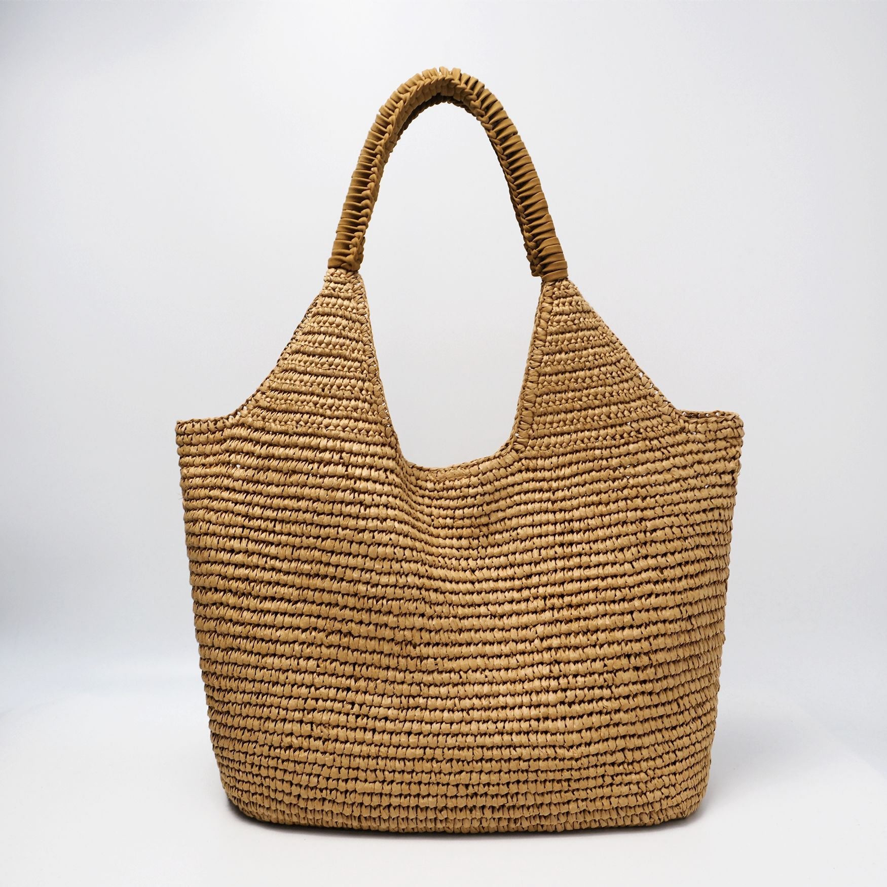 Sienna Tote Bag in Light Brown — woven raffia hobo with wrapped handle and spacious interior