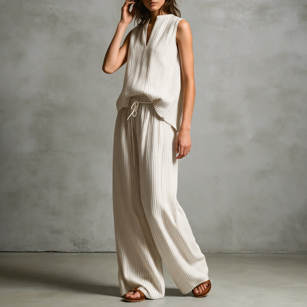 Ruby Striped Set in Cream — sleeveless split-neck striped tunic with matching wide-leg drawstring pants