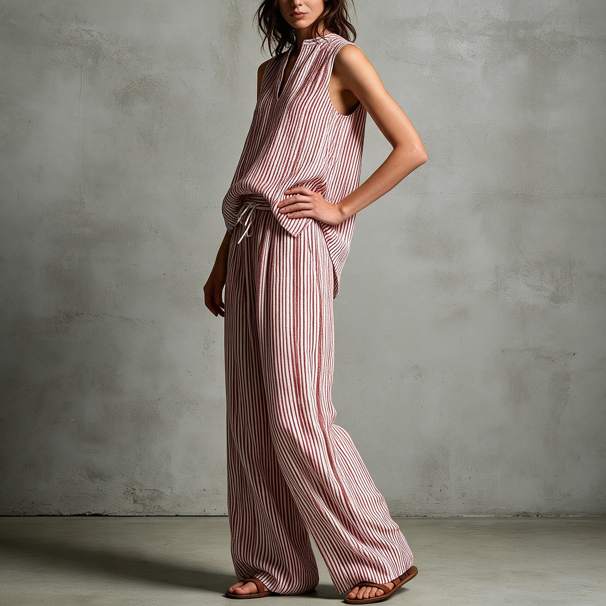 Ruby Striped Set in Dark Red — sleeveless split-neck striped tunic with matching wide-leg drawstring pants