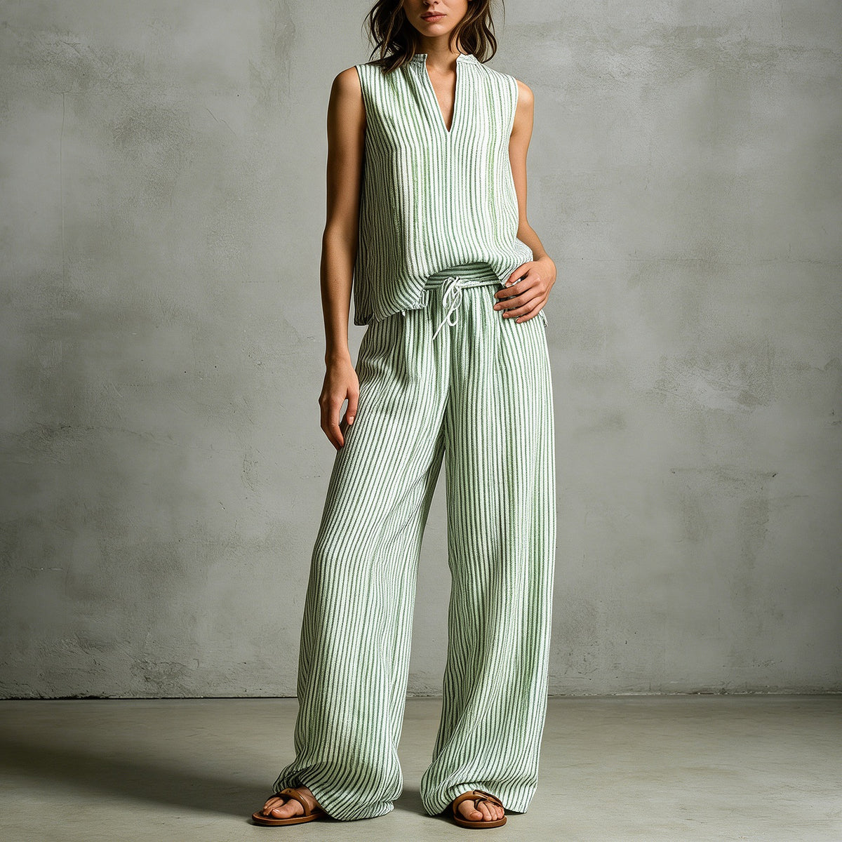 Ruby Striped Set in Green — sleeveless split-neck striped tunic with matching wide-leg drawstring pants