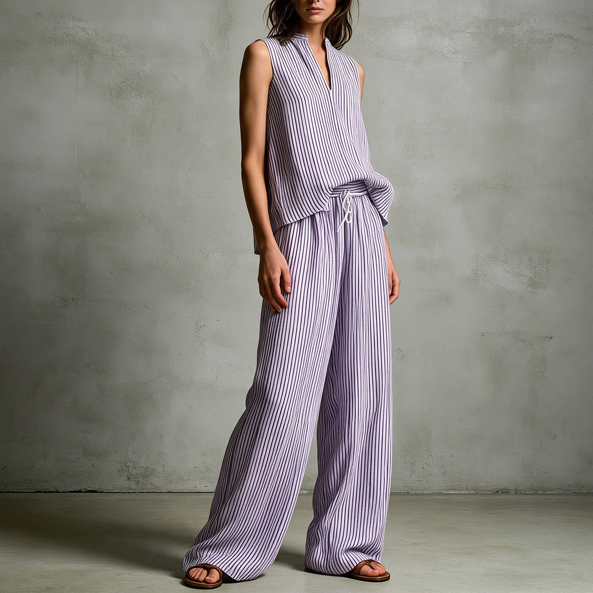 Ruby Striped Set in Lavender — sleeveless split-neck striped tunic with matching wide-leg drawstring pants