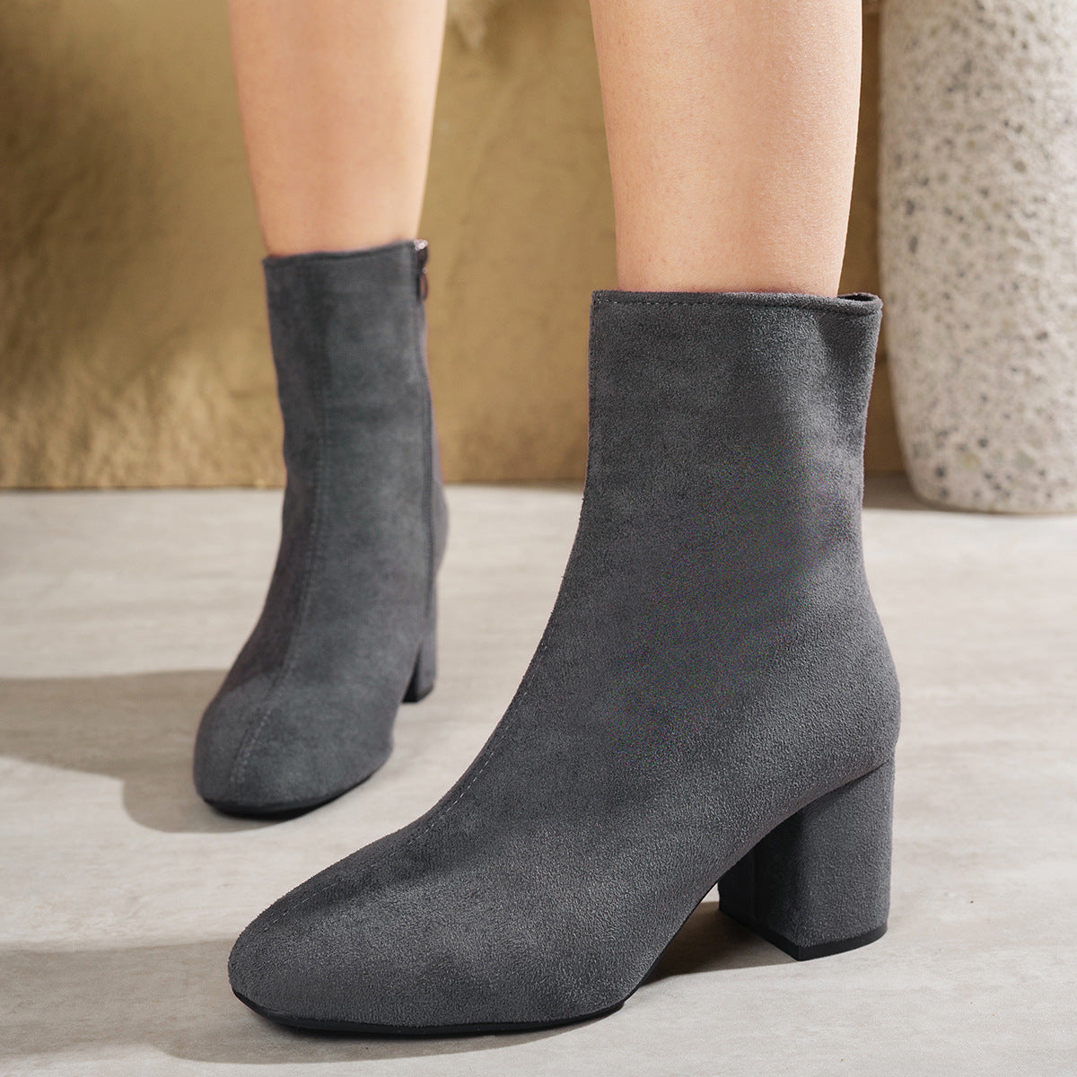 Lena Suede Booties in Gray — suede block-heel ankle boot with side zip