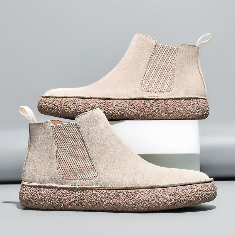 Julian Chelsea Boots in Beige — ultra-soft suede slip-on Chelsea boots