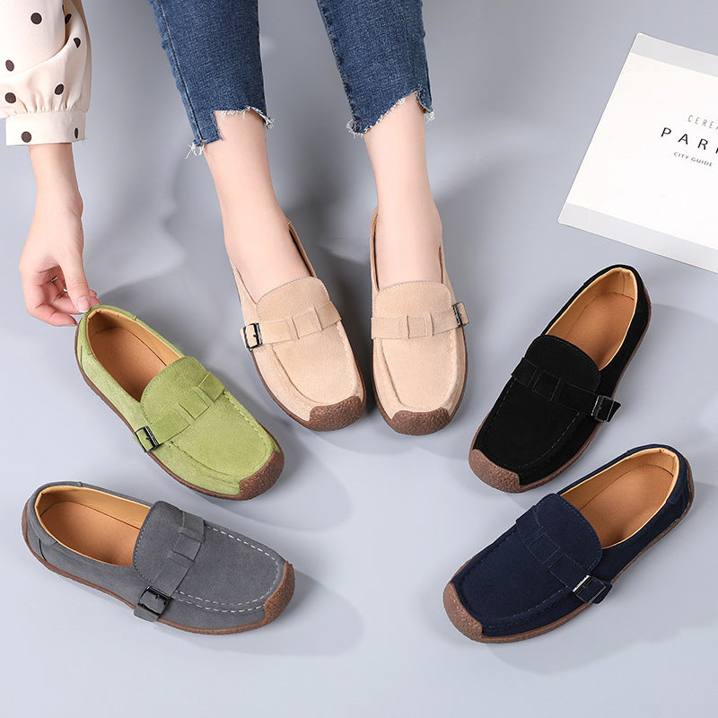 Vera Suede Loafers — soft suede slip-on with buckle strap and chunky cushioned sole
