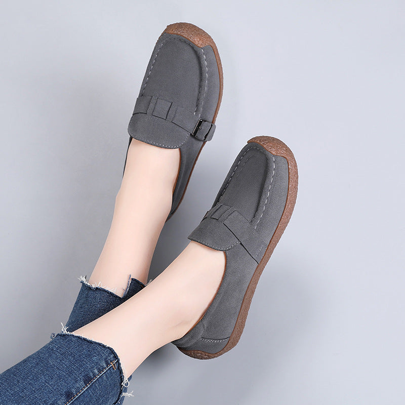 Vera Suede Loafers in Gray — soft suede slip-on with buckle strap and chunky cushioned sole
