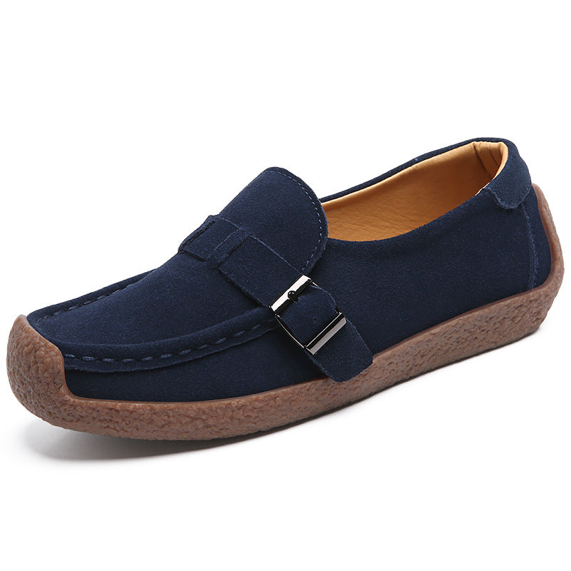 Vera Suede Loafers in Navy Blue — soft suede slip-on with buckle strap and chunky cushioned sole