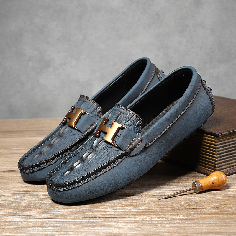 Alessio Suede Loafers in Blue — Men's croc-embossed suede driving loafer with gold H-buckle