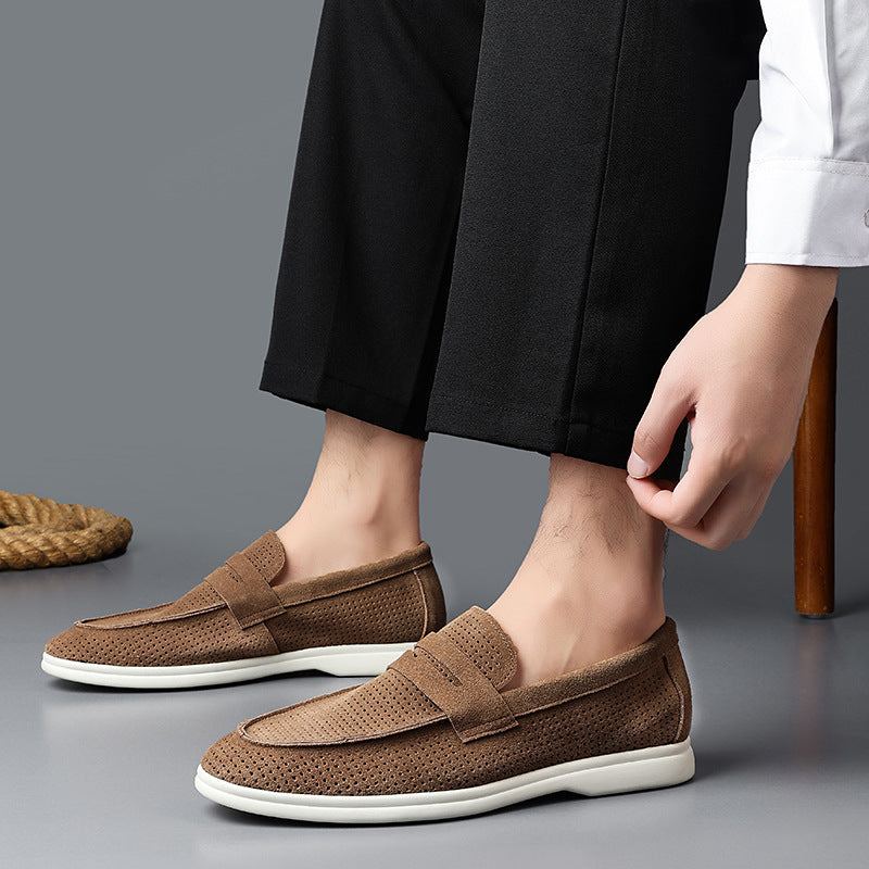 Emil Suede Loafers in Brown — perforated suede penny loafer, slip-on