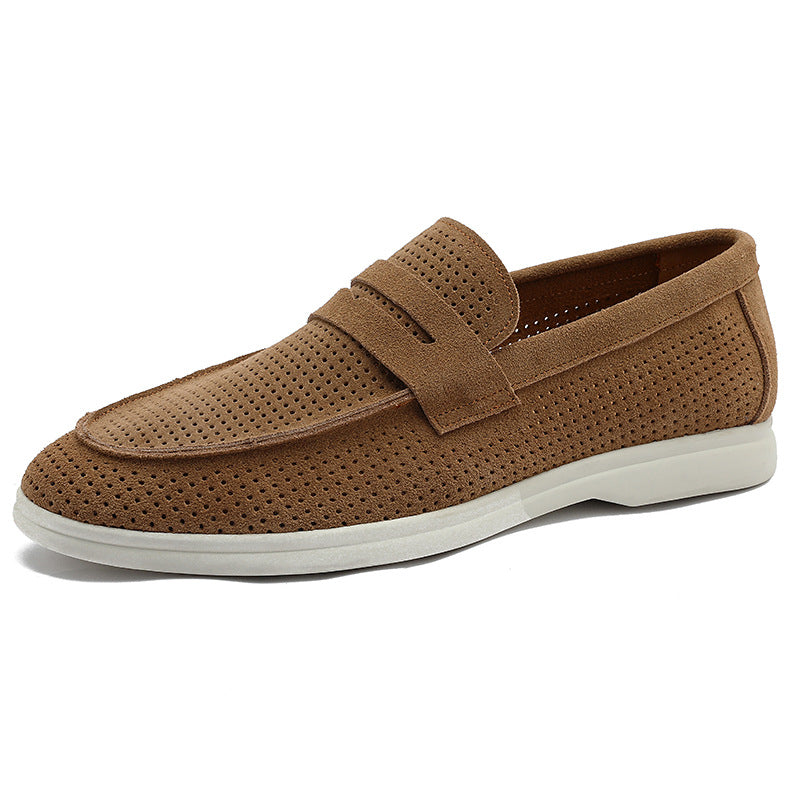 Emil Suede Loafers in Brown — perforated suede penny loafer, slip-on