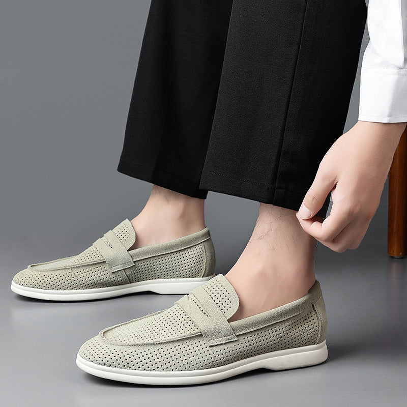 Emil Suede Loafers in Gray — perforated suede penny loafer, slip-on