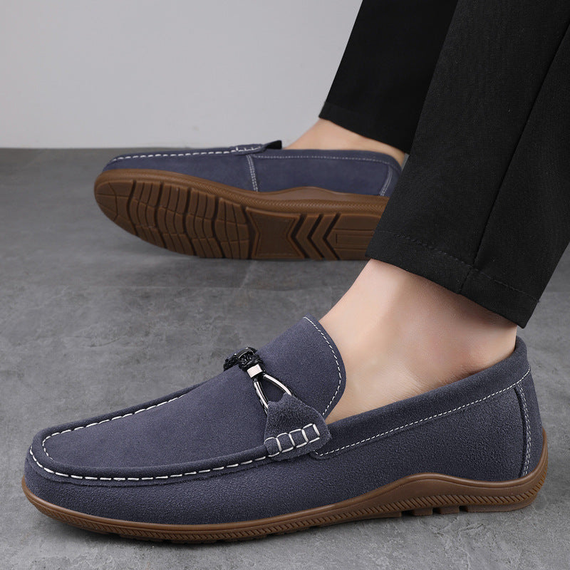 Barrett Suede Moccasins in Gray — cloud-soft suede slip-on loafers on model