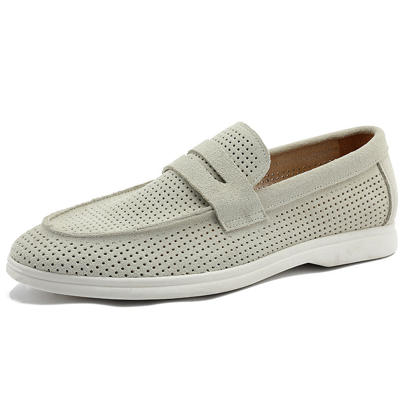 Emil Suede Loafers in Gray — perforated suede penny loafer, slip-on