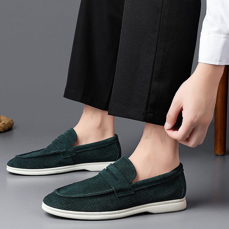 Emil Suede Loafers in Green — perforated suede penny loafer, slip-on