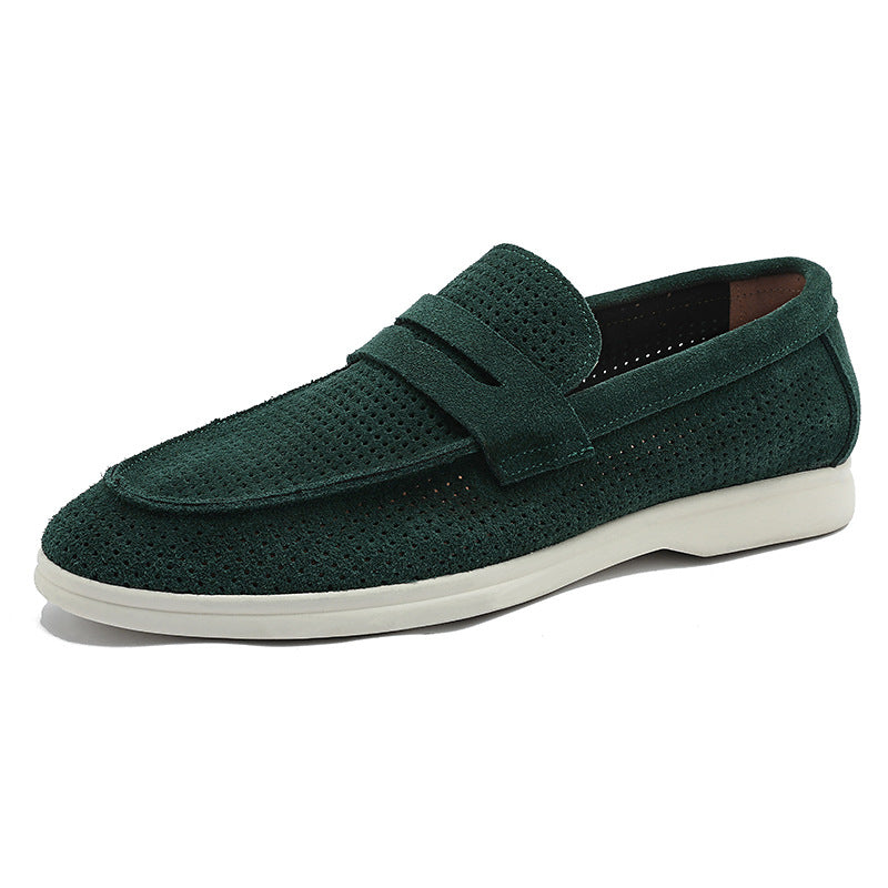 Emil Suede Loafers in Green — perforated suede penny loafer, slip-on