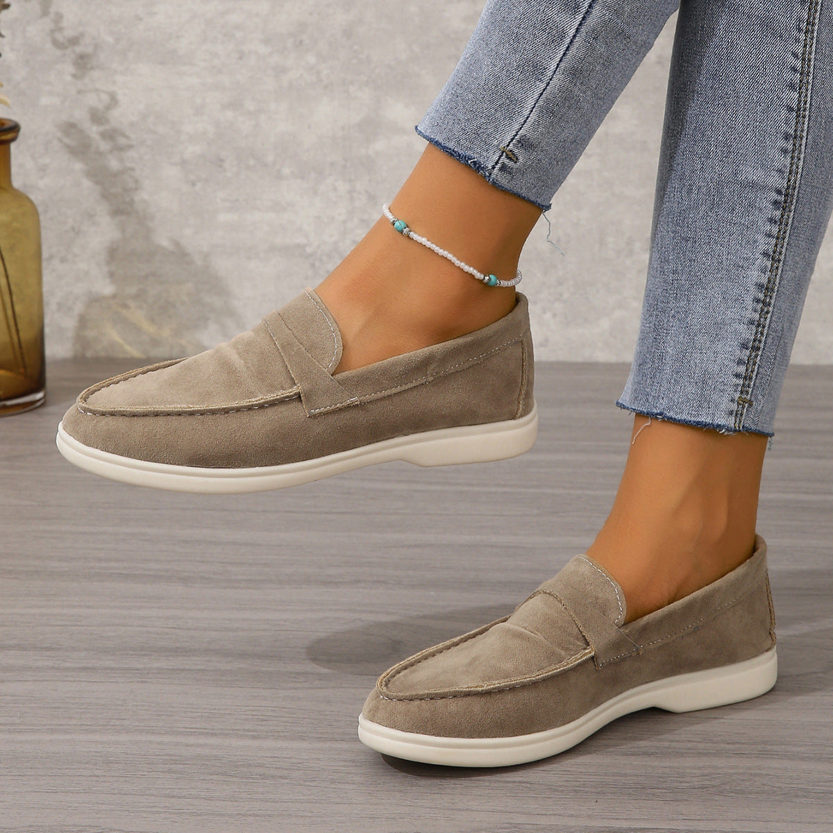 Serena Suede Loafers in Khaki — women's slip-on suede loafer
