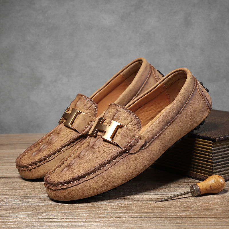Alessio Suede Loafers in Light Brown — Men's croc-embossed suede driving loafer with gold H-buckle