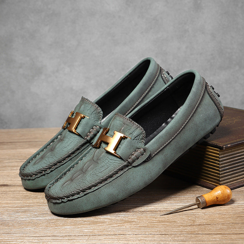 Alessio Suede Loafers in Sage — Men's croc-embossed suede driving loafer with gold H-buckle