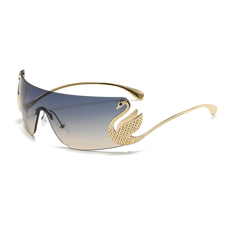 Bianca Sunglasses in Gray — gold-tone wraparound with sculpted swan accent