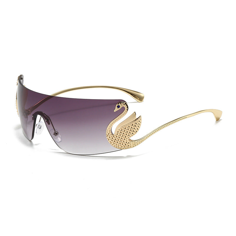 Bianca Sunglasses in Purple — gold-tone wraparound with sculpted swan accent