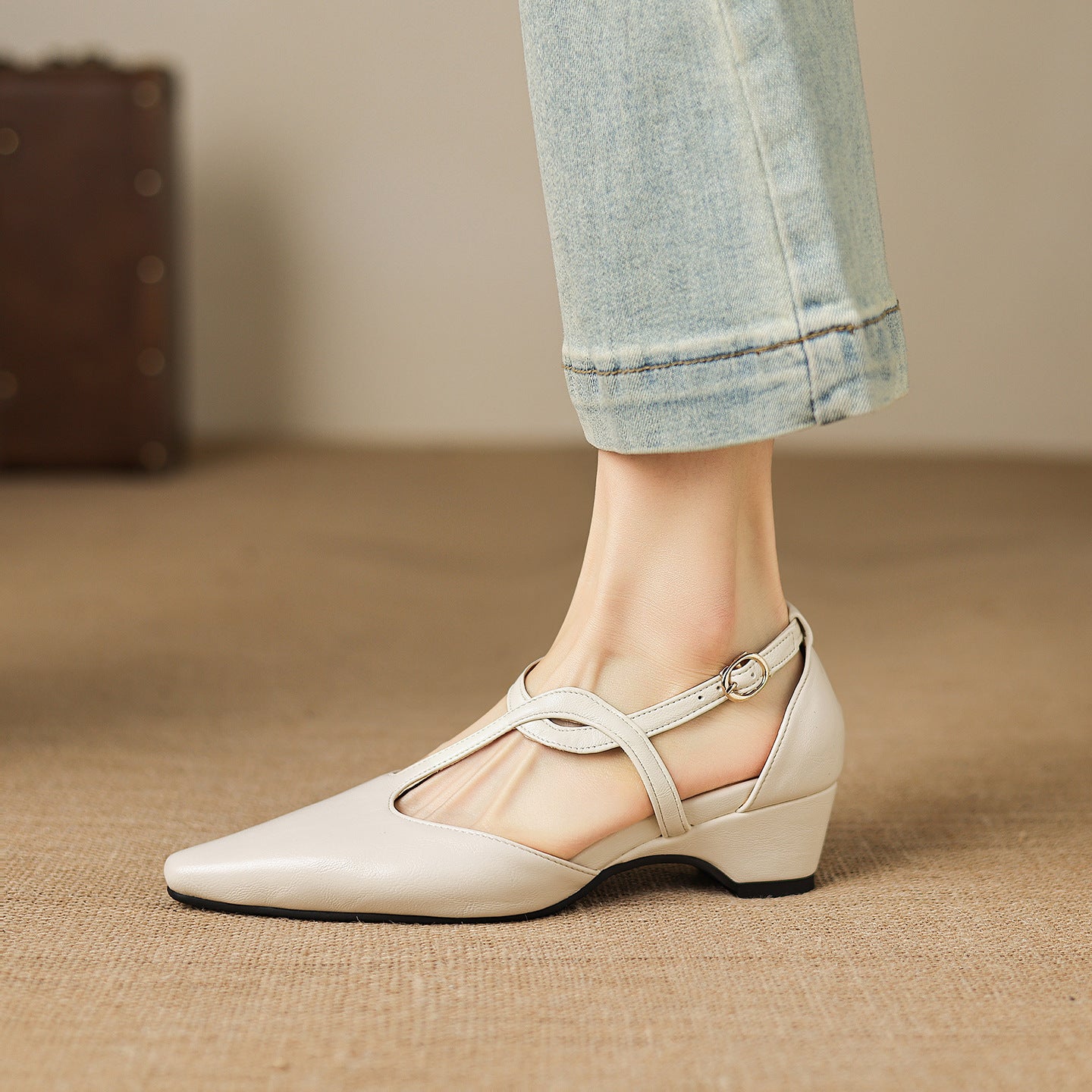 Aurelie Leather Flats in Cream — pointed-toe Mary Jane flats with slim T-strap