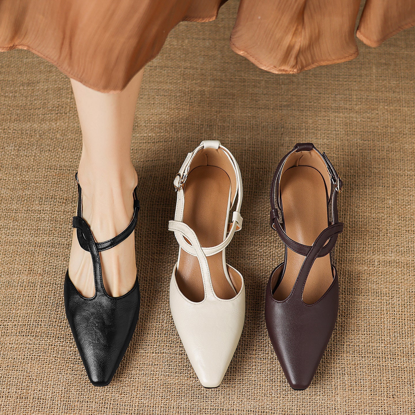 Aurelie Leather Flats — pointed-toe Mary Jane flats with slim T-strap in black, cream and brown