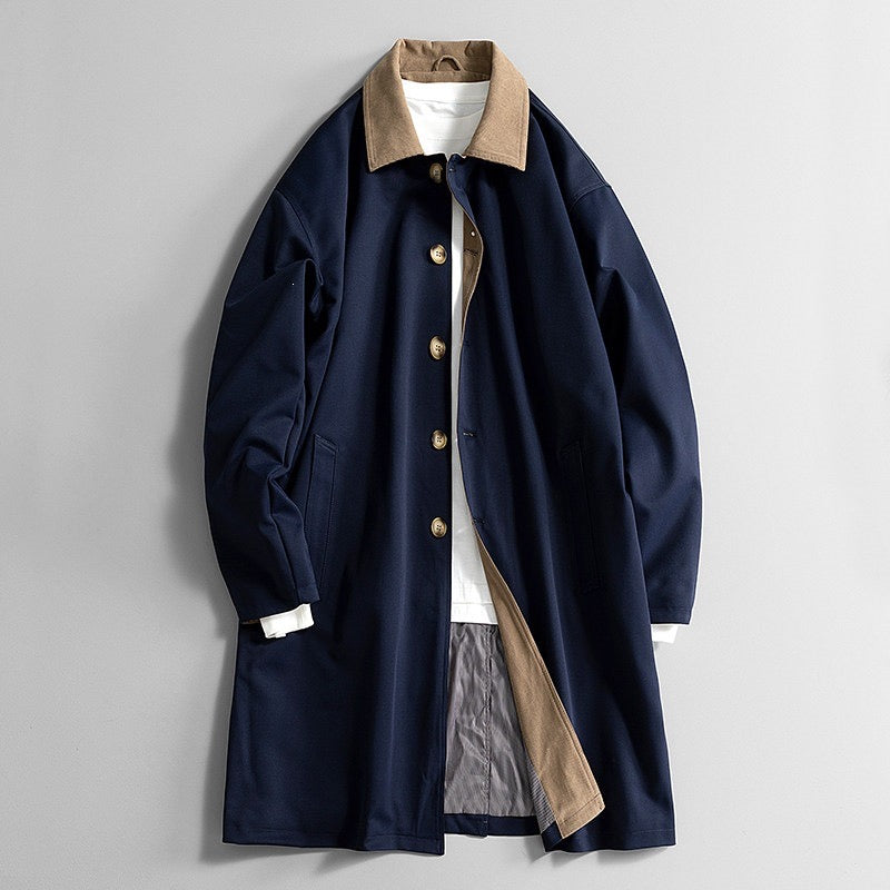 Sutton Trench Coat in Navy Blue — mid-weight cotton twill trench with tan corduroy collar
