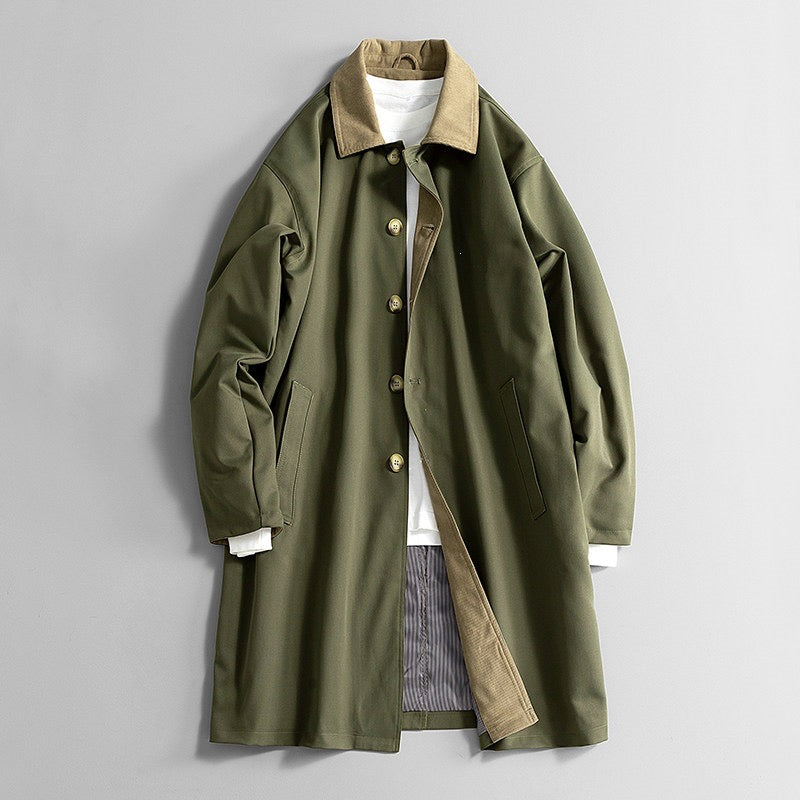 Sutton Trench Coat in Olive Green — longline button-front trench coat with contrast corduroy collar