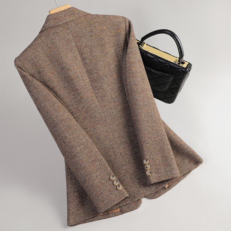 Clara Tweed Blazer in Brown — soft flecked tweed with single-button front