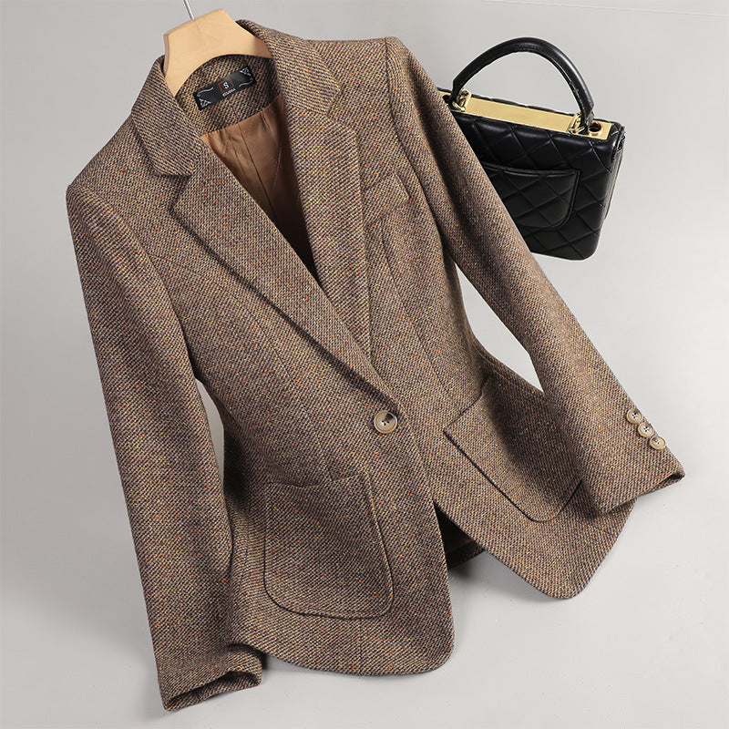 Clara Tweed Blazer in Brown — soft flecked tweed with single-button front
