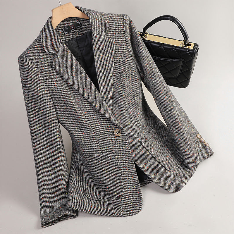 Clara Tweed Blazer in Gray — soft flecked tweed with single-button front