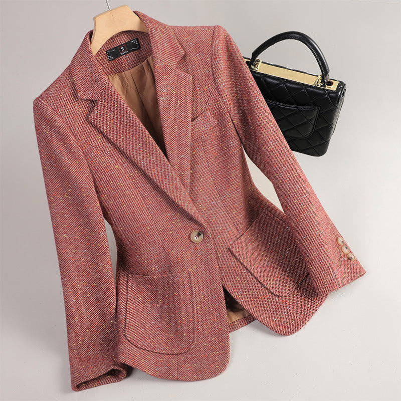Clara Tweed Blazer in Pink — soft flecked tweed with single-button front