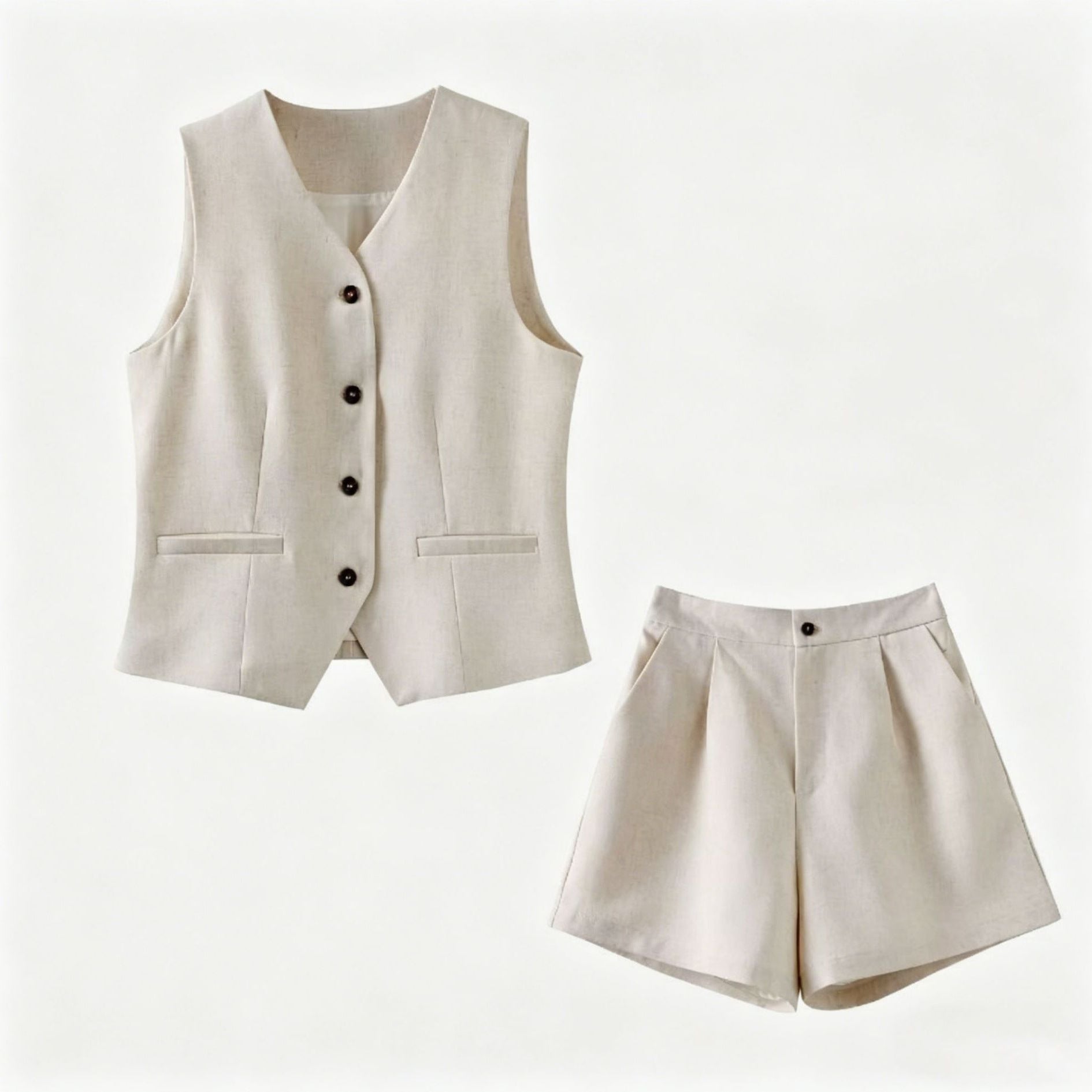Camille Tailored Set in Beige — women's linen vest and shorts two-piece | Spaydes