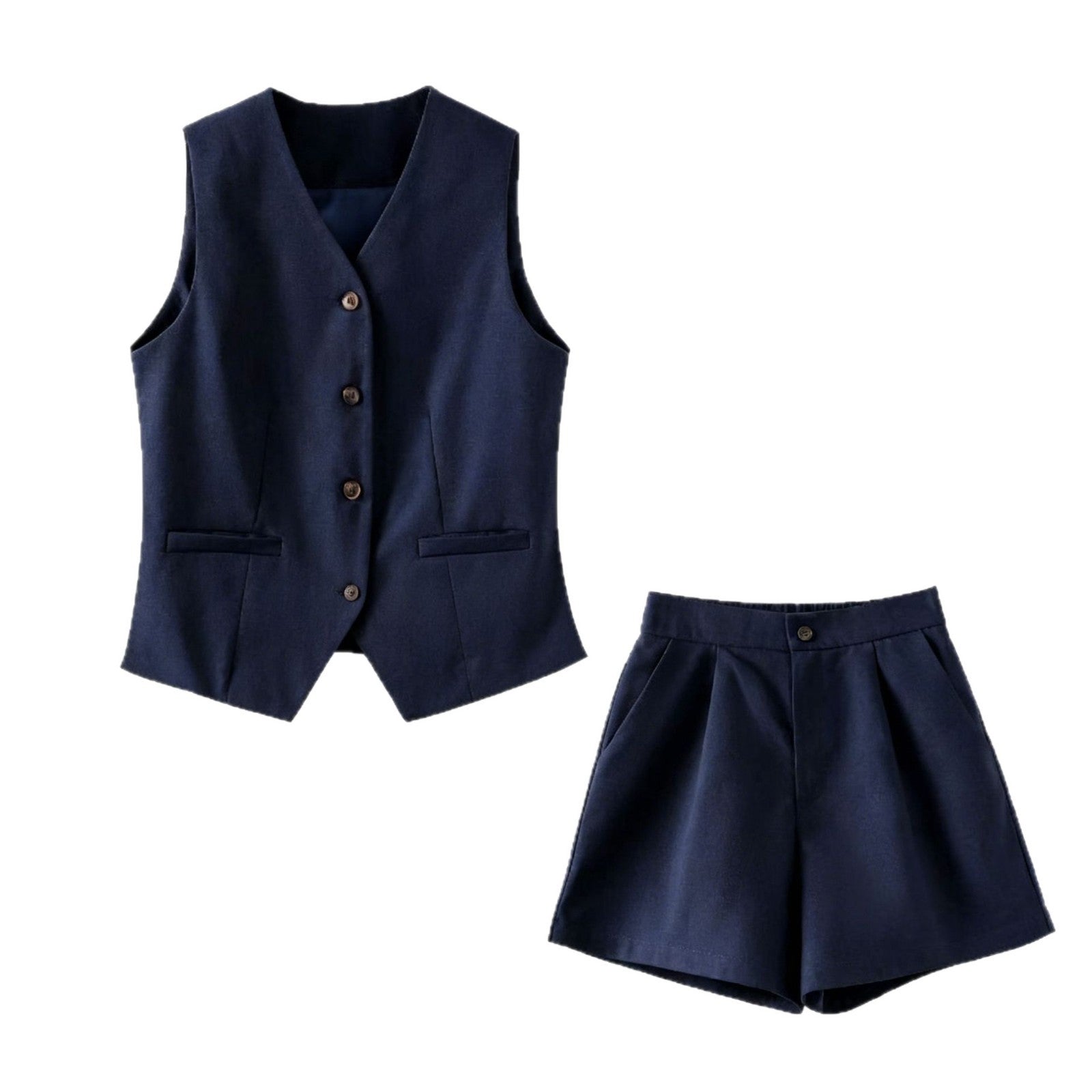 Camille Tailored Set in Navy Blue — women's linen vest and shorts two-piece | Spaydes