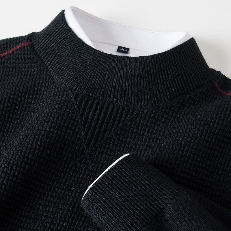 Brooks Textured Sweater in Black — close-up of the ribbed mock collar and waffle texture