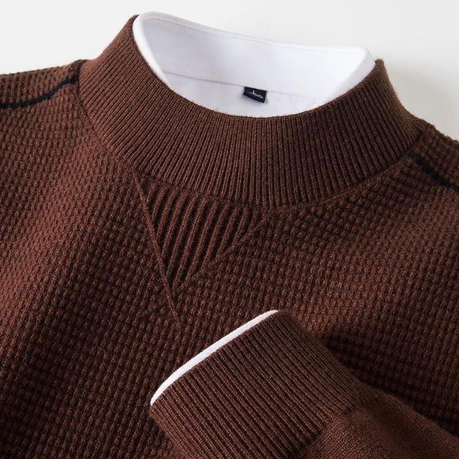 Brooks Textured Sweater in Brown — close-up of the ribbed mock collar and waffle texture