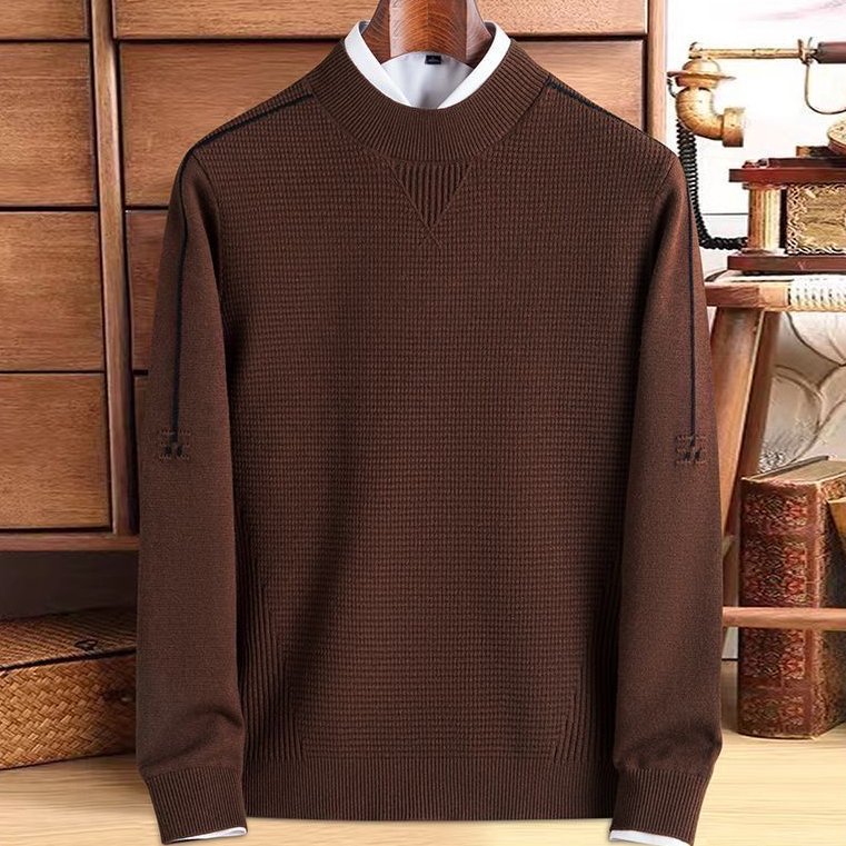 Brooks Textured Sweater in Brown — full view of the waffle-knit crewneck sweater