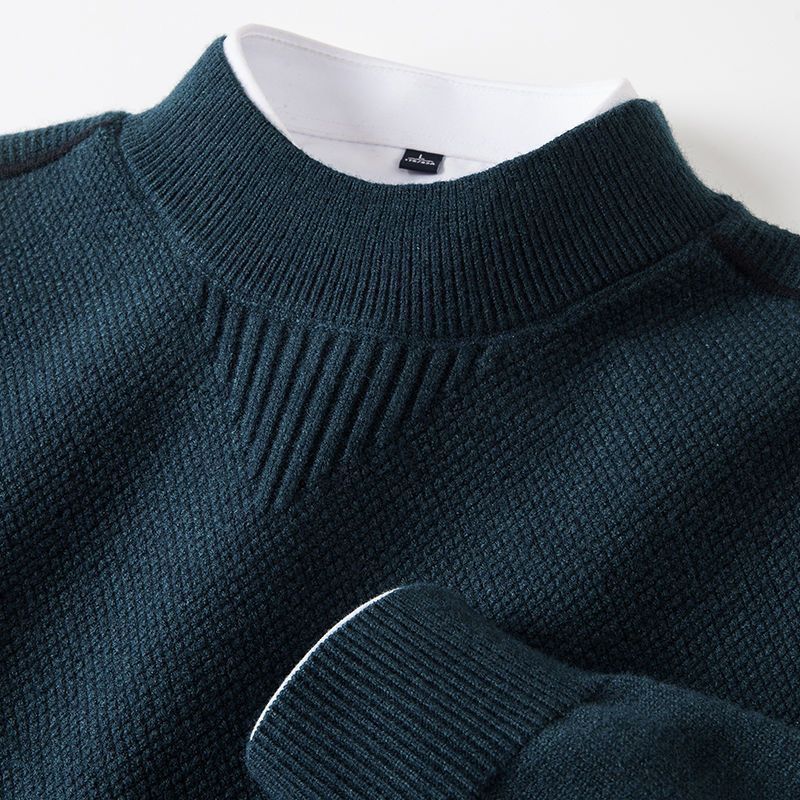 Brooks Textured Sweater in Dark Green — close-up of the ribbed mock collar and waffle texture