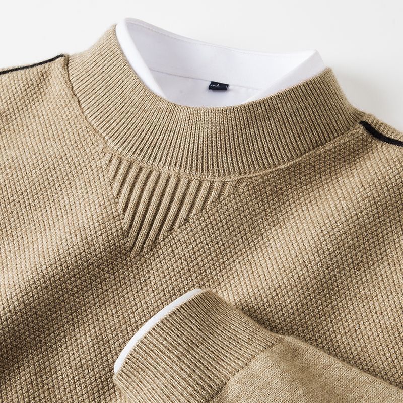 Brooks Textured Sweater in Khaki — close-up of the ribbed mock collar and waffle texture