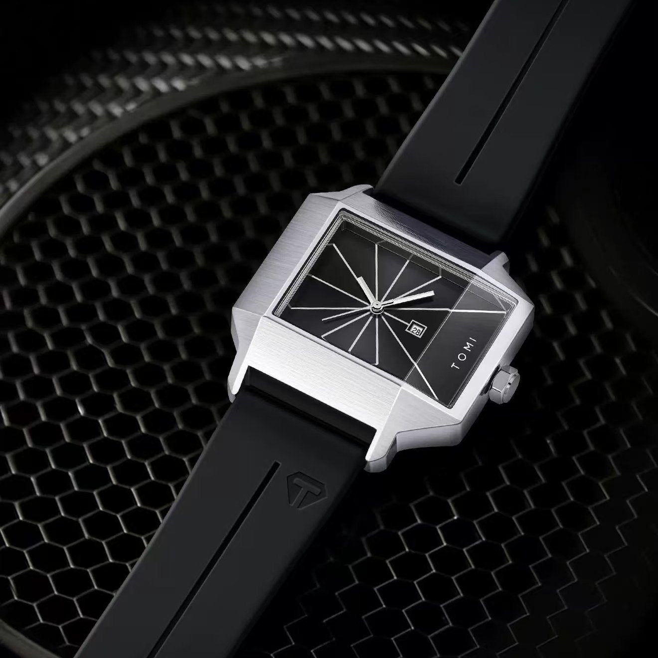 Vance Square Watch in Black — detail, steel square case with sunburst dial and silicone strap