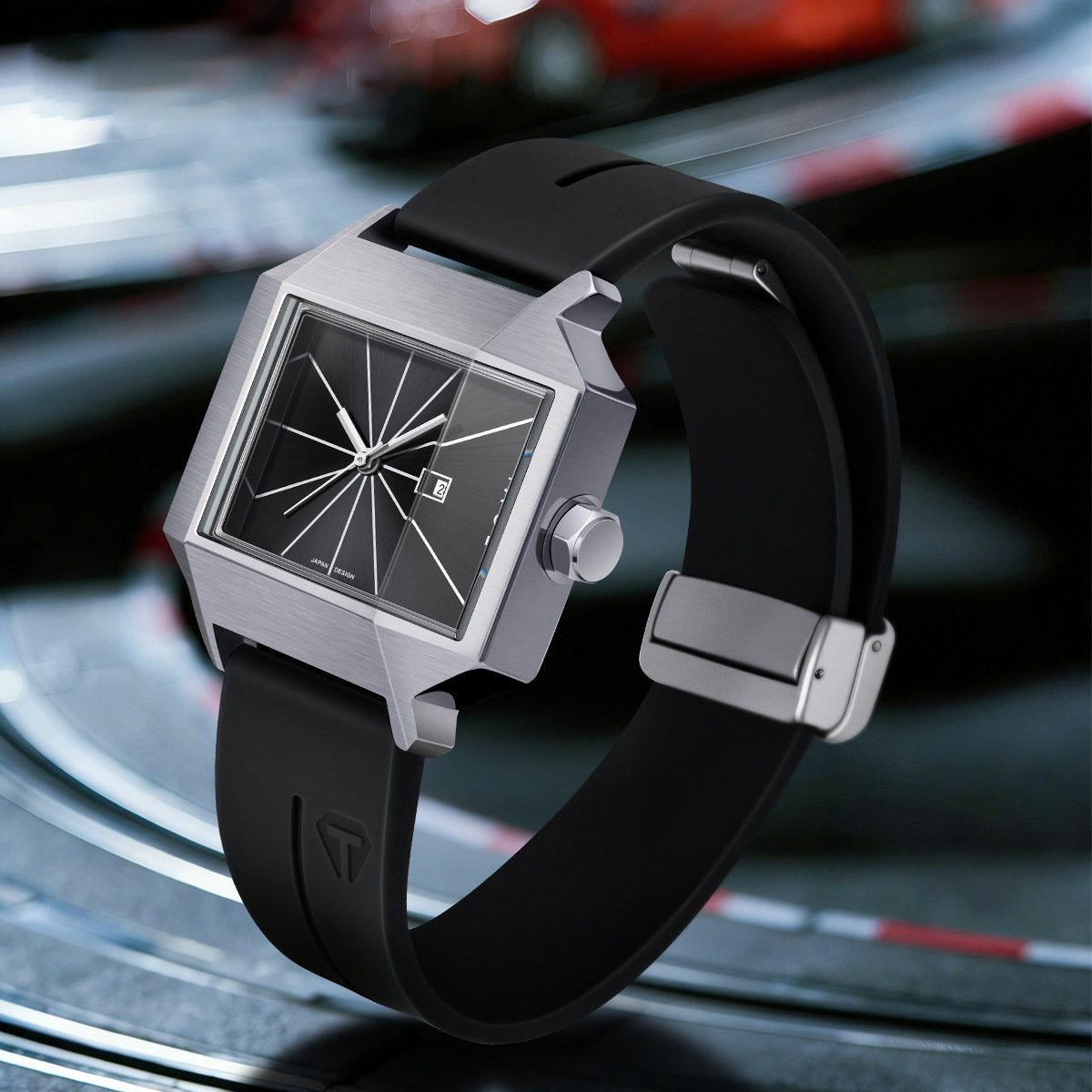 Vance Square Watch in Black — steel square case with sunburst dial and silicone strap