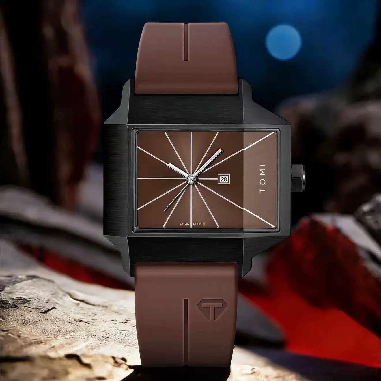 Vance Square Watch in Brown — steel square case with sunburst dial and silicone strap