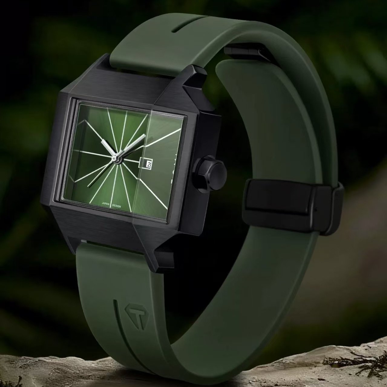 Vance Square Watch in Green — steel square case with sunburst dial and silicone strap