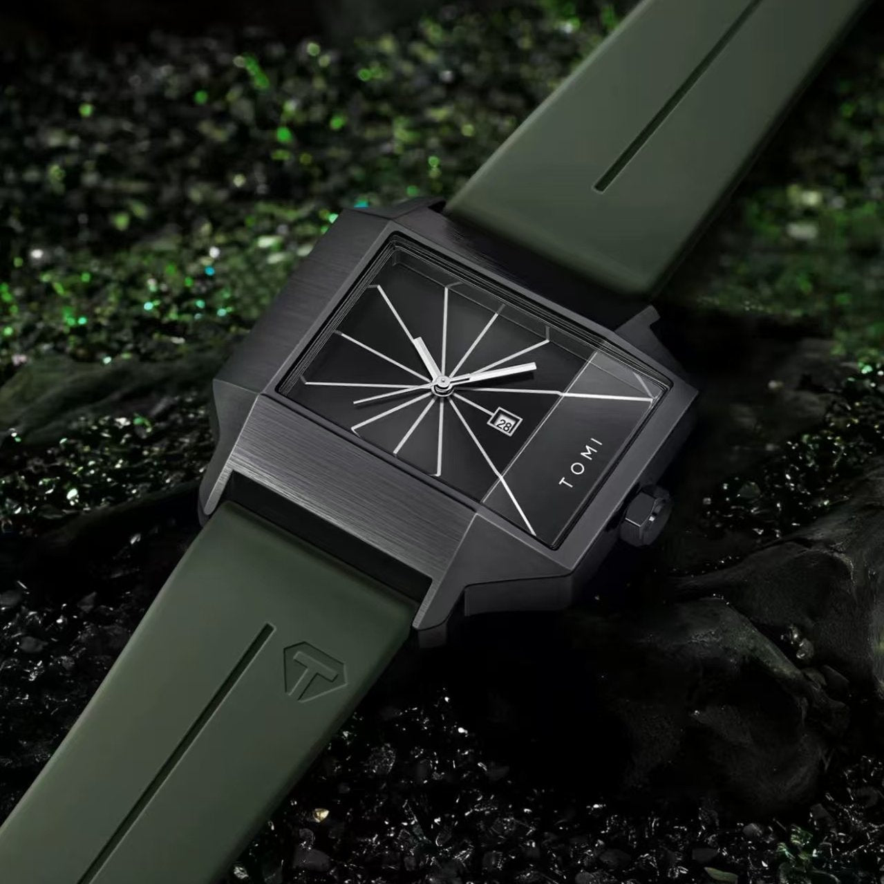 Vance Square Watch in Olive Green — steel square case with sunburst dial and silicone strap