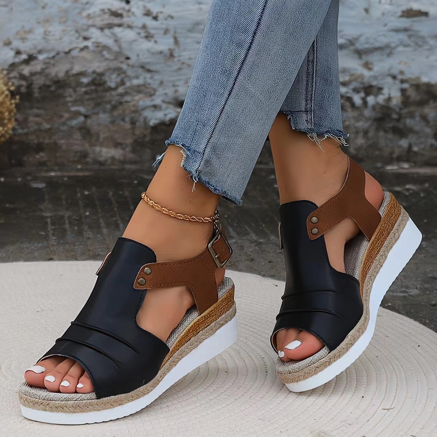Alba Platform Sandals in Black — leather espadrille wedge with ankle strap