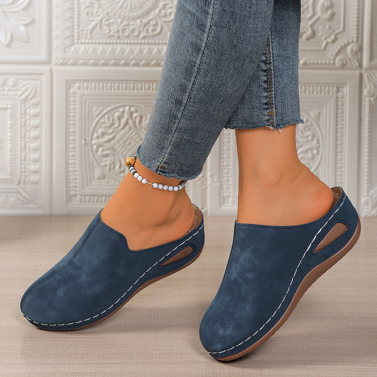 Nia Suede Mules in Cream — slip-on wedge mule with cushioned footbed