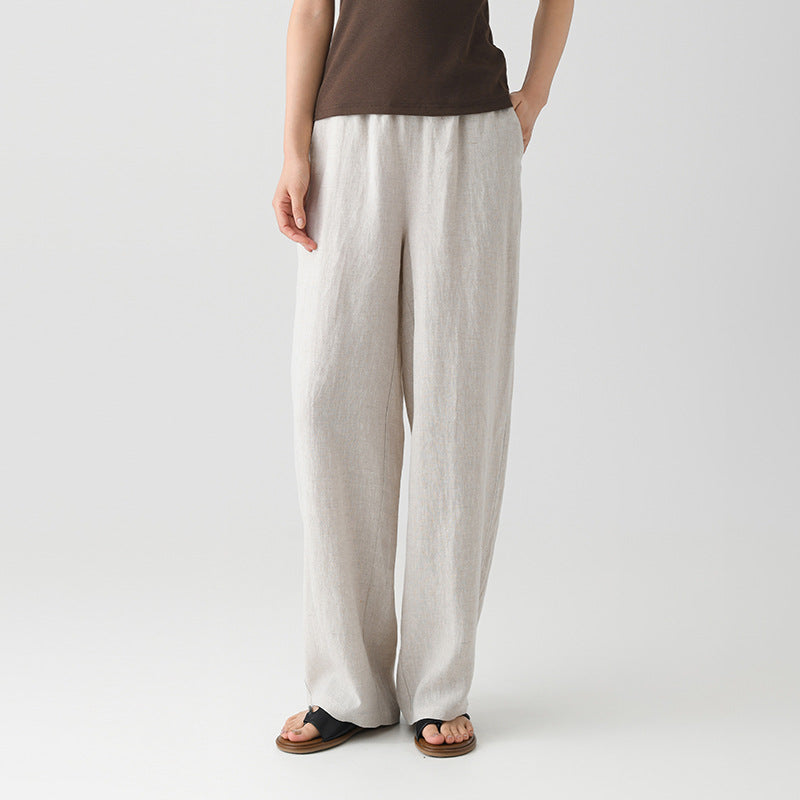 Isla Linen Pants in Beige — women's wide-leg linen pants with a relaxed drape and elastic waist