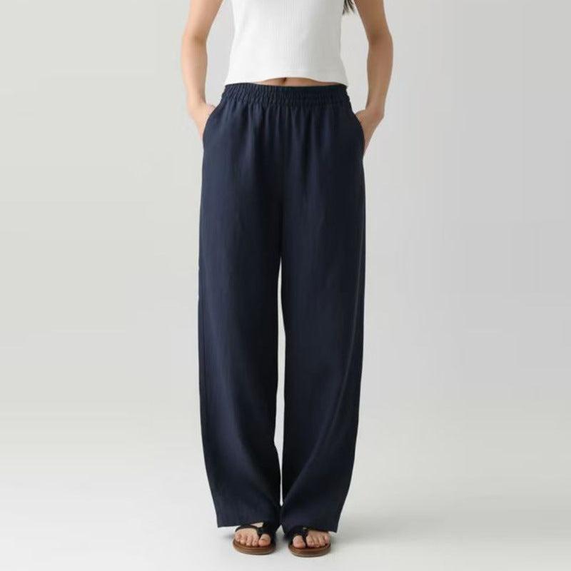 Isla Linen Pants in Navy Blue — women's wide-leg linen pants with a relaxed drape and elastic waist