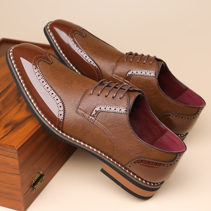 Spencer Brogue Sneakers in Brown — side profile showing the low stacked heel