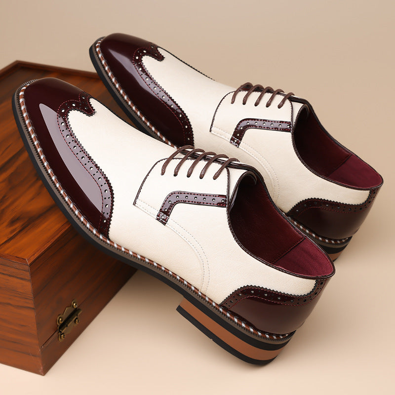 Spencer Brogue Sneakers in Cream — side profile showing the low stacked heel